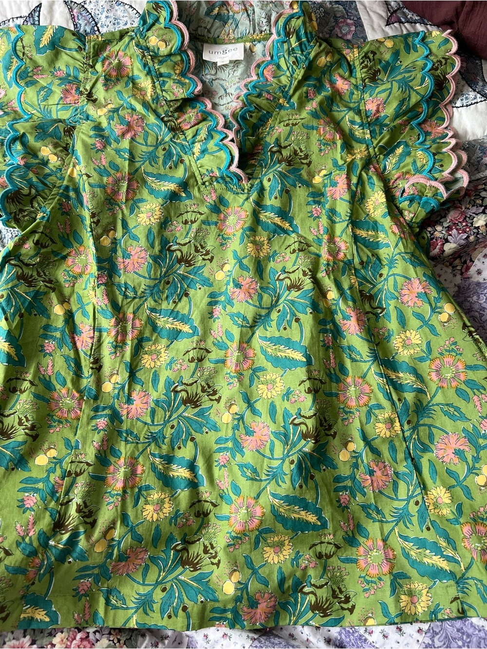 Umgee Green Floral Ruffled Trim Blouse with Pink & Teal Accents - Picture 5 of 6